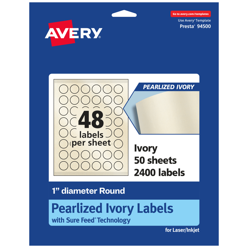 Avery Pearlized Permanent Labels With Sure Feed, 94500-PIP50, Round, 1in Diameter, Ivory, Pack Of 2,400 Labels