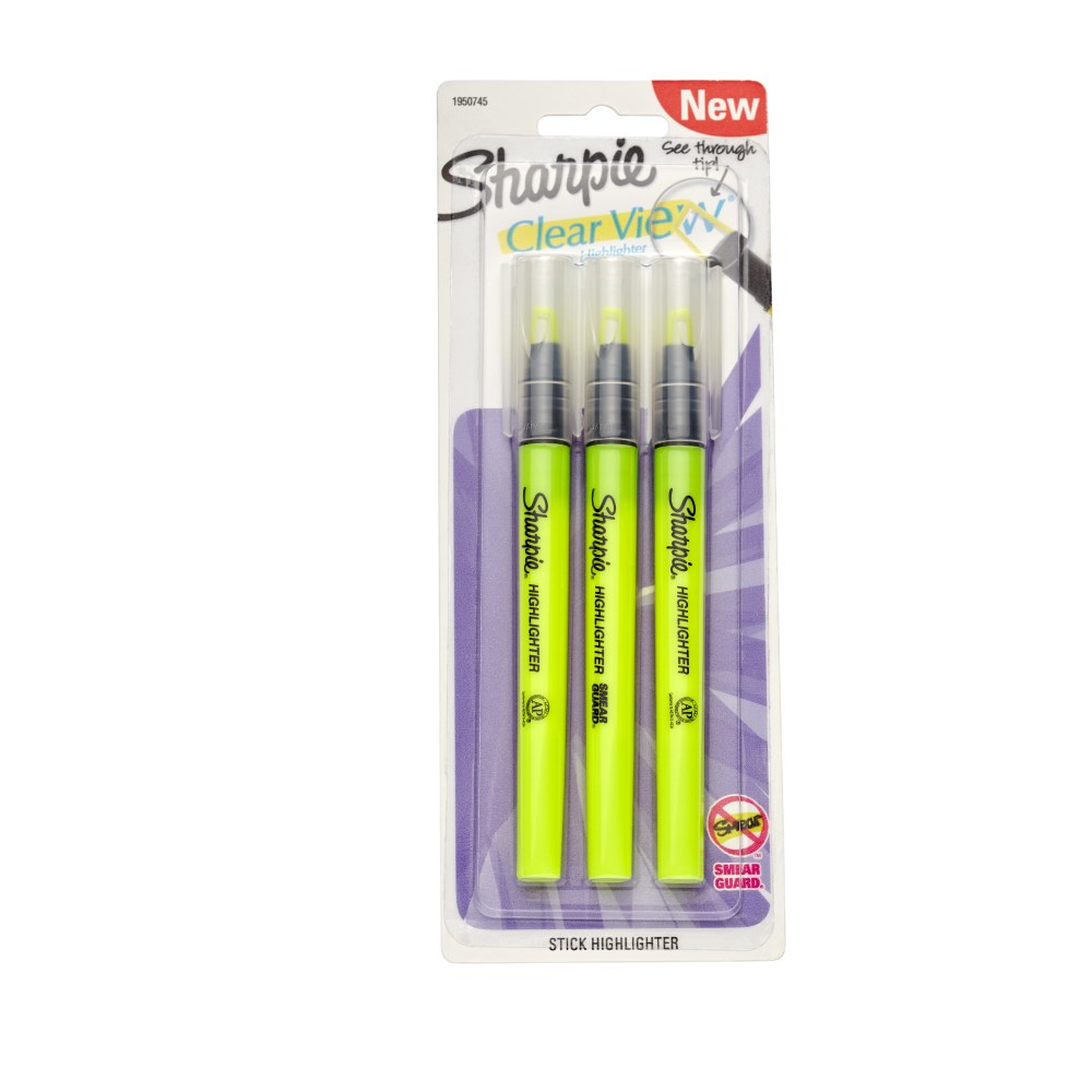 Sharpie Clear View Highlighter Stick, Chisel Point, Yellow, Pack Of 3