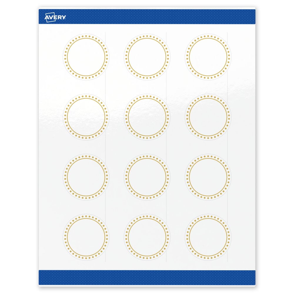 Avery Print-To-The-Edge Labels & Sure Feed, S00-D1D-PRWGP10, 2in Round, Glossy White, Preprinted Gold Border & Gold Dots Design, Pack Of 120