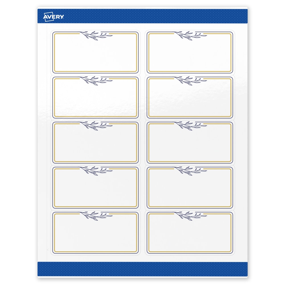 Avery Printable Labels & Sure Feed, S00-DNR-PRWGP10, 2in x 4in, Glossy White, Preprinted Gold & Navy Border & Floral Design, Pack Of 100