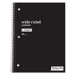 Just Basics Spiral Notebook, 8in x 10-1/2in, Wide Ruled, 70 Sheets, Black