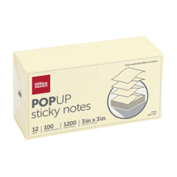 Office Depot Brand Pop Up Sticky Notes, 3in x 3in, Yellow, 100 Sheets Per Pad, Pack Of 12
