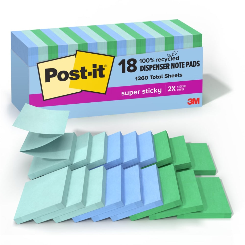 Post-it Super Sticky 100% Recycled Paper Notes, 3 x 3 in, 18 Sticky Note Pads, 70 Sheets/Pad, School Supplies and Office Products, Oasis