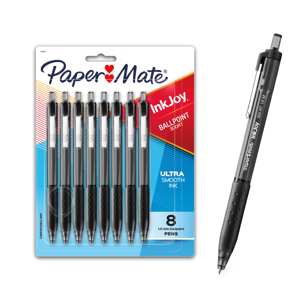 Paper Mate 300RT Effortless Glide Ballpoint Pens, Medium Point, 1.0 mm, Transparent Barrels, Black Ink, 8 Count