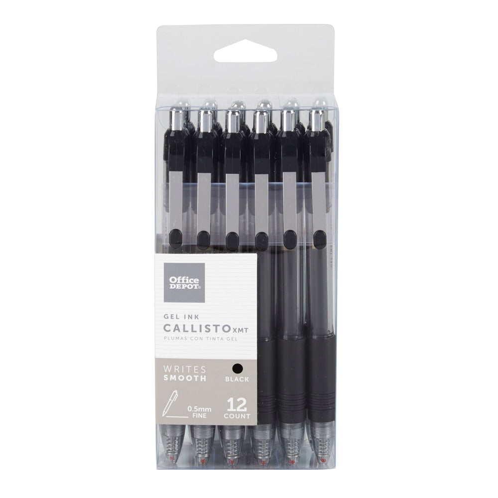 Office Depot Brand Callisto Retractable Gel Ink Pens, Fine Point, 0.5 mm, Transparent Black Barrel, Black Ink, Pack Of 12 Pens