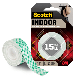 Scotch Indoor Double-Sided Mounting Tape, .5 x 80 in, 1 White Tape Roll, Holds up to 15 lbs, Industrial Strength Adhesive, Multi-Surface Use