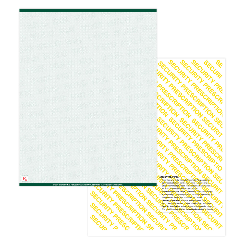 High Security Medicaid Compliant Laser RX Prescription Paper Stock -1 Up, 8.5in x 11in Sheet, Green, Pack Of 1,000 Sheets