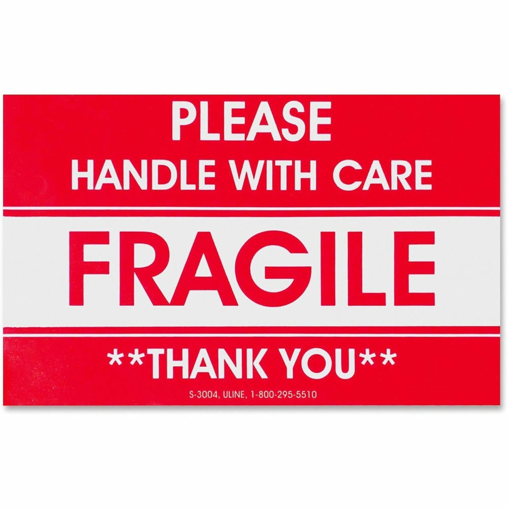 Tatco Fragile/Handle With Care Shipping Label, Rectangle, 3in x 5in, Red/White, Roll of 500
