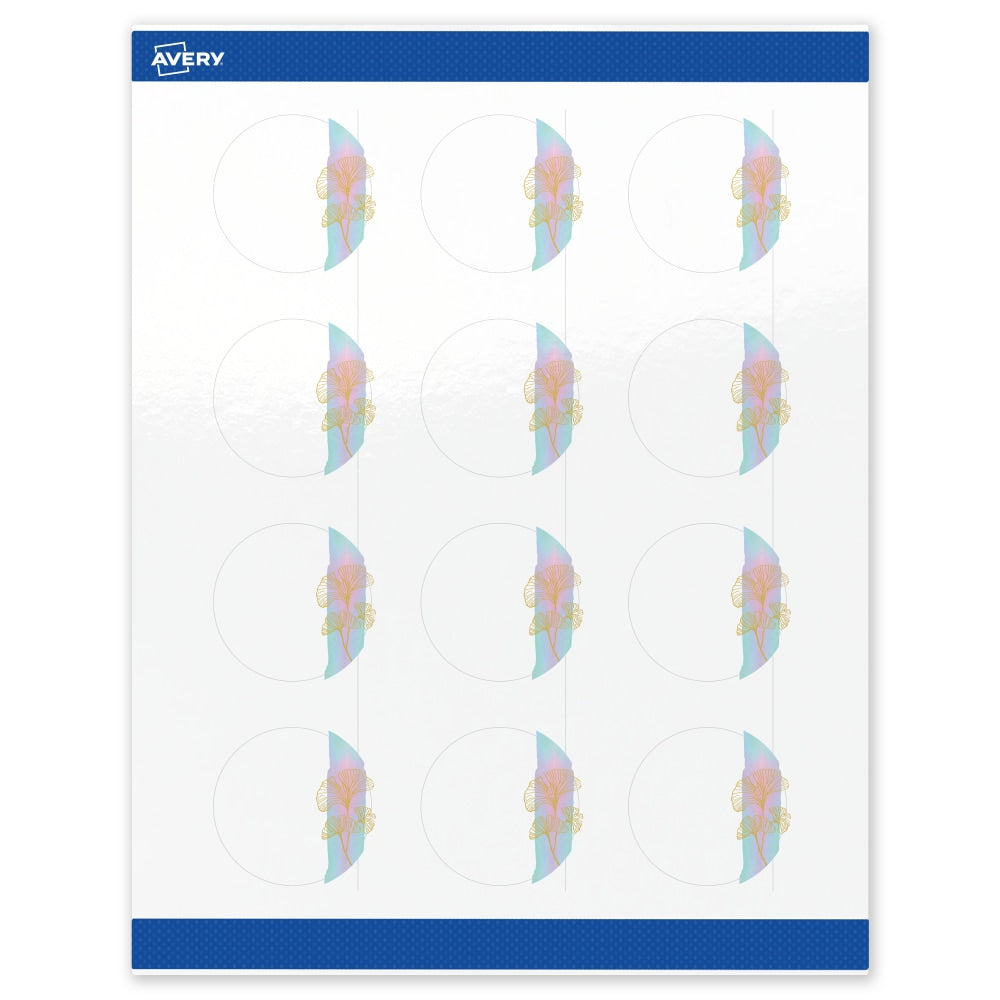 Avery Printable Labels With Sure Feed Technology, S00-EVF, Round, 2in, Glossy White With Preprinted Watercolor/Gold Leaf Design, Pack Of 120