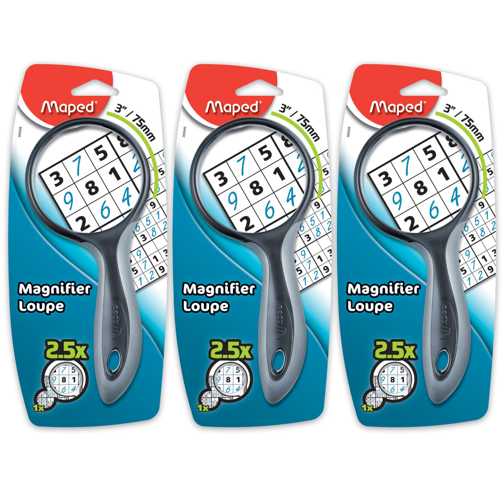 Maped Ergologic Large 2.5X Magnifying Glass, 3in, Assorted Colors, Pack Of 3