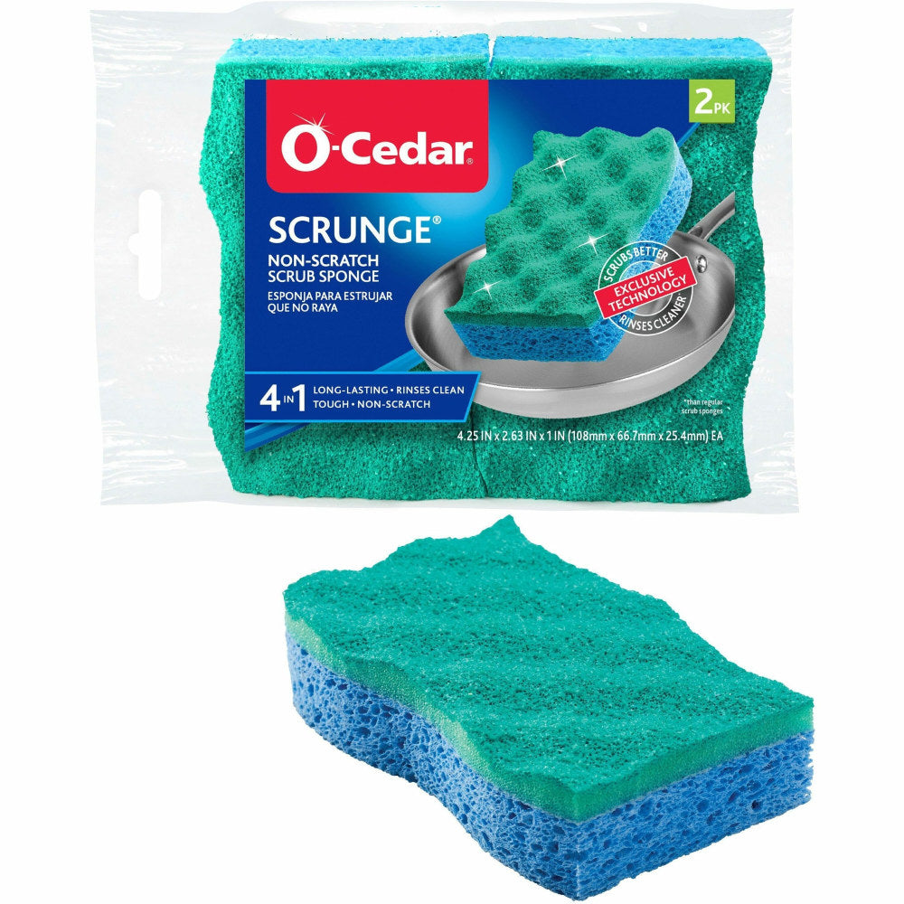 O-Cedar Scrunge Non-Scratch Scrub Sponge - 4.2in Width x 2.6in Depth x 4.2in Length - 2 / Pack - Cellulose, Synthetic Fiber - Multi, Blue, Green