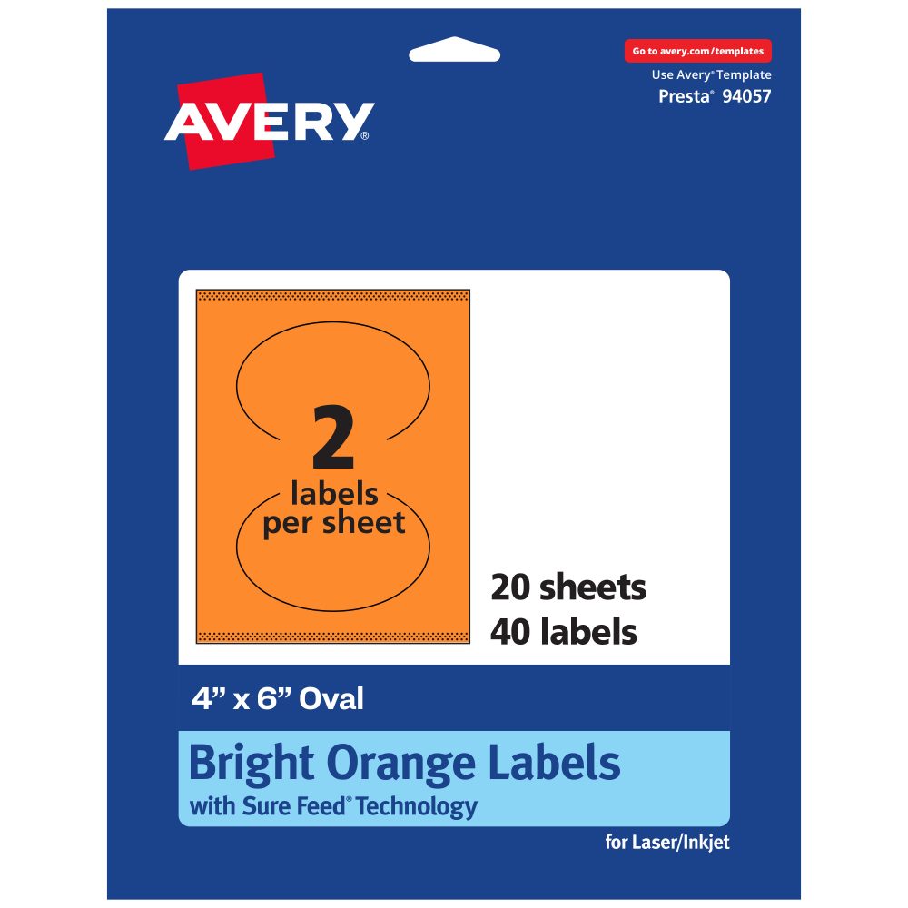Avery Print-To-The-Edge Labels With Sure Feed Technology, 94057-BOP20, Oval, 4in x 6in, Matte Bright Orange, Pack of 40