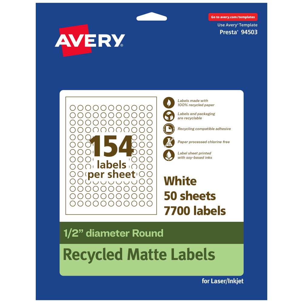 Avery Recycled Paper Labels, 94503-EWMP50, Round, -1/2in diameter, White, Pack Of 7700