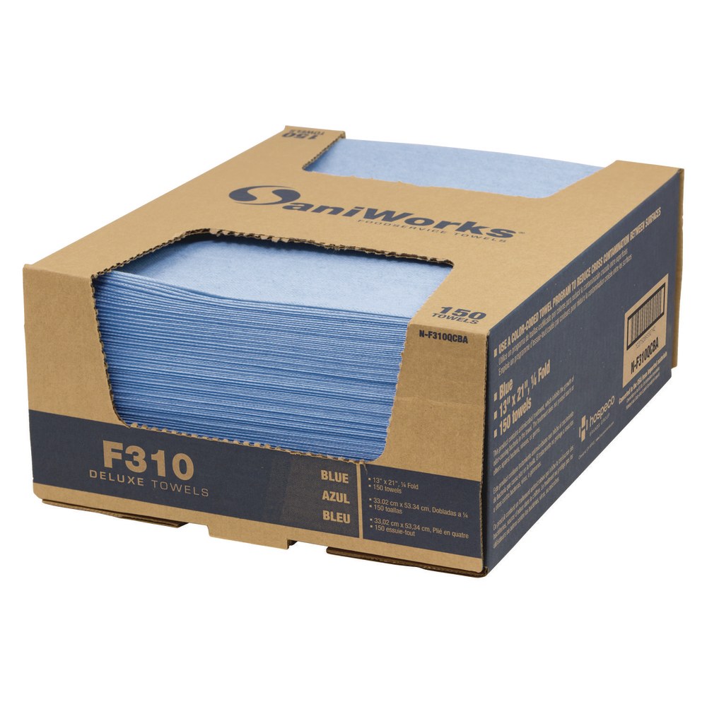 SaniWorks Deluxe Foodservice Wiper, 1-Ply, 13 x 21, Blue, 150/Carton