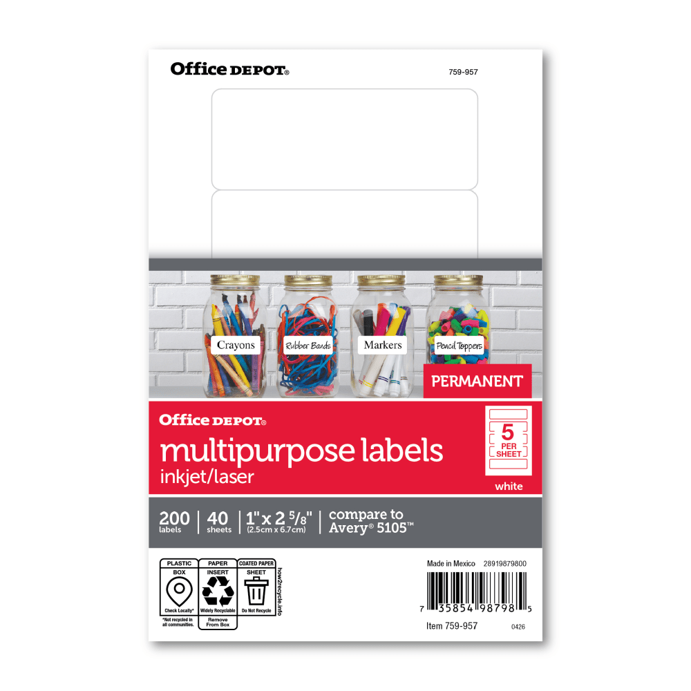 Office Depot Brand Print-Or-Write Permanent Labels, OD98798, Rectangle, 1in x 2 5/8in, White, Pack Of 200