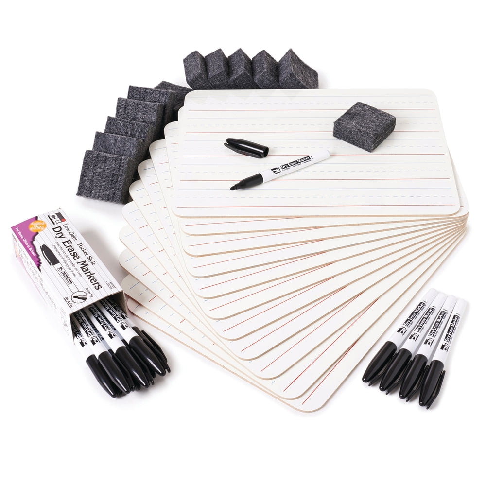 Charles Leonard Dry Erase Classpack, Lined 1-Sided Boards, Markers & Erasers, Pack Of 12