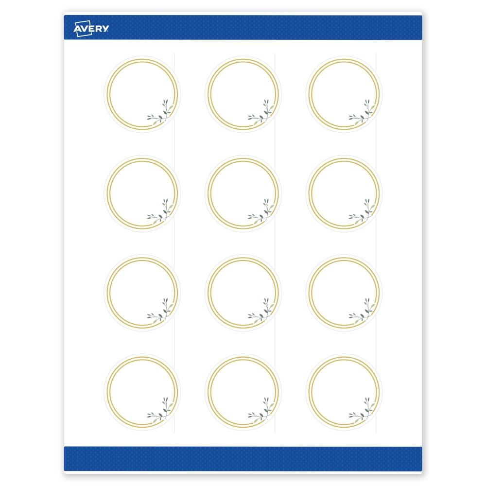 Avery Print-To-The-Edge Labels & Sure Feed, S00-D2N-PRWMP10, 2in Round, Matte White, Preprinted Double Gold Border & Floral Design, Pack Of 120