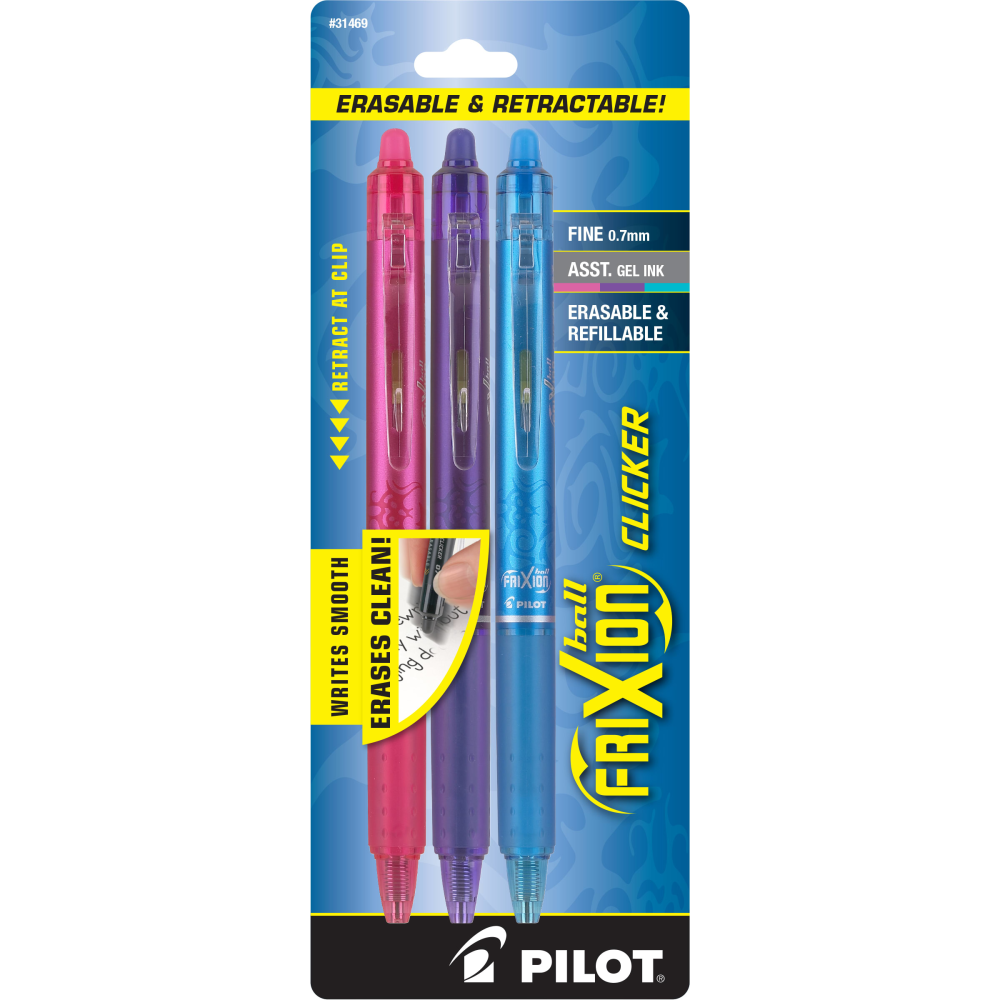Pilot FriXion Ball Clicker Erasable Retractable Gel Pens, Pack of 3 pens, Fine Point, 0.7mm, Assorted Barrel Colors, Assorted Ink Colors