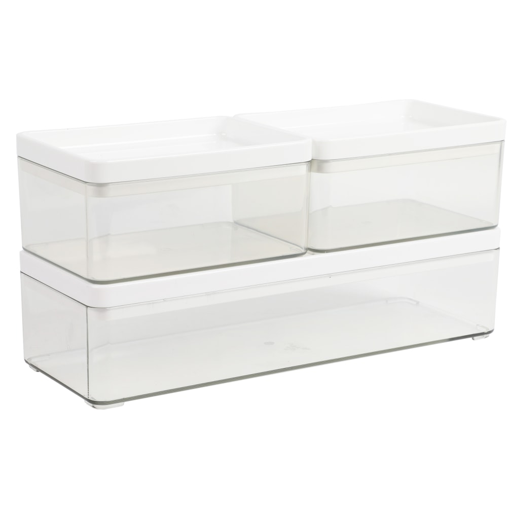 Martha Stewart Grady Stackable Plastic Storage Boxes with Lids, 2-1/2inH x 11inW x 4inD, Clear/White, Set Of 3 Boxes