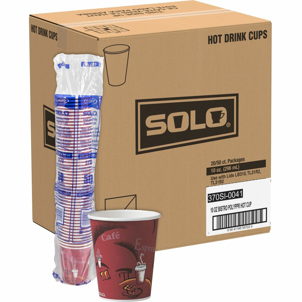 SOLO Paper Hot Drink Cups in Bistro Design, 3.35in Diameter x 3.82in h, 10oz, Maroon, 1,000/CT