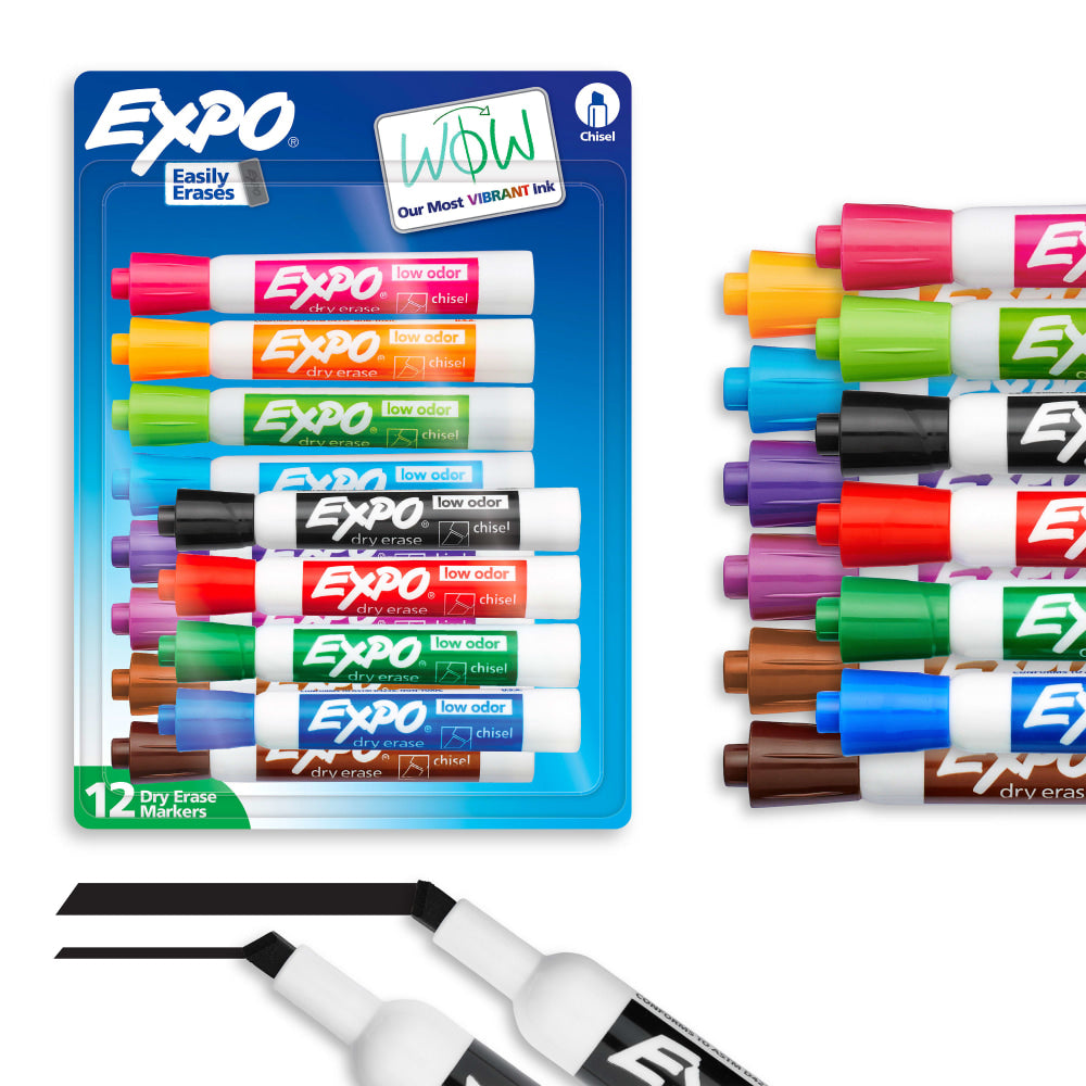 EXPO Low-Odor Dry-Erase Markers, Chisel Point, Assorted Colors, Pack Of 12, Carded Packaging