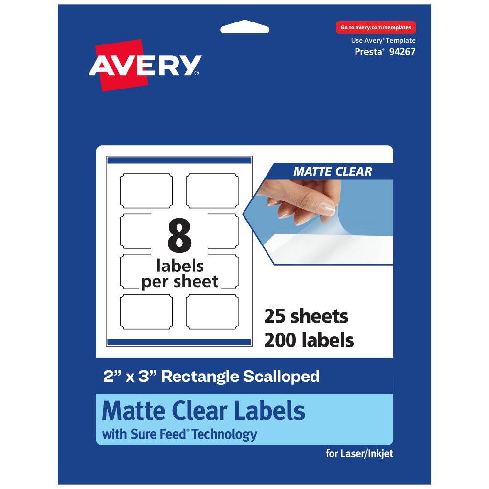 Avery Permanent Labels With Sure Feed, 94267-CMF25, Rectangle Scalloped, 2in x 3in, Matte Clear, Pack Of 200