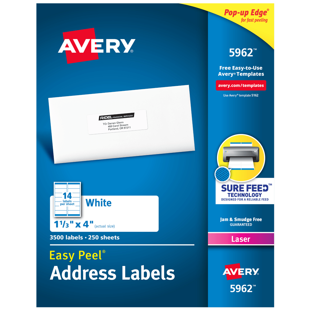 Avery Easy Peel Address Labels With Sure Feed Technology, 5962, Rectangle, 1-1/3in x 4in, Matte White, Box Of 3,500