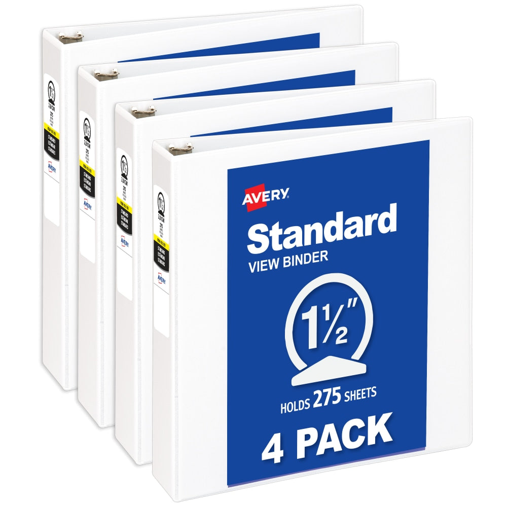 Avery Standard View 3 Ring Binders, 1.5in Round Rings, White, Pack Of 4