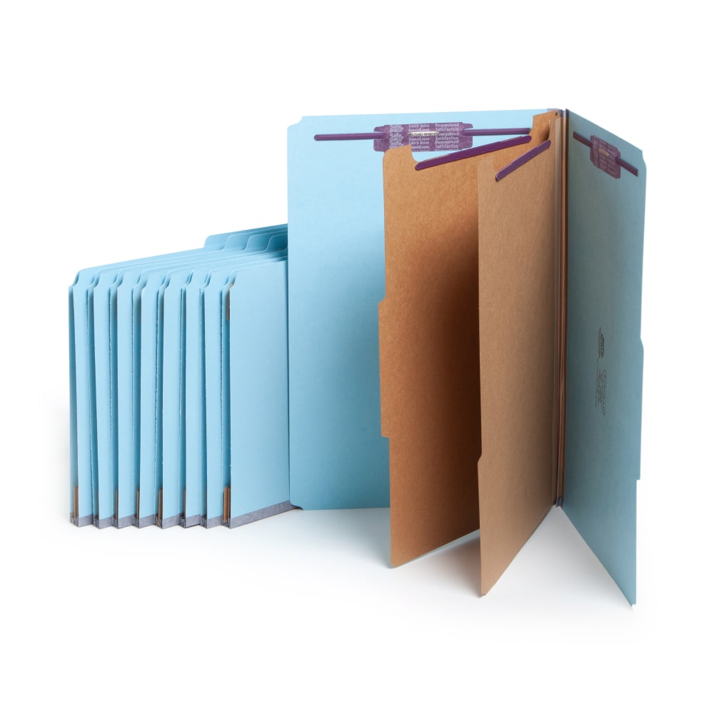 Smead Classification Folders, Top-Tab With SafeSHIELD Coated Fasteners, 2in Expansion, Legal Size, 50% Recycled, Blue, Box Of 10