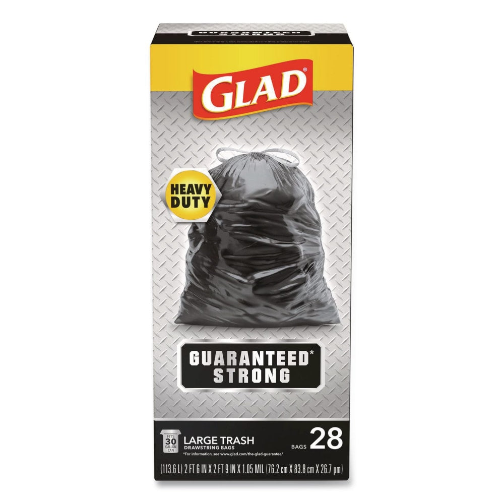 Glad Guaranteed Strong Large Drawstring Trash Bags, Three-Ply, 30 gal, 1.05 mil, 30 x 33, Black, 28/Box