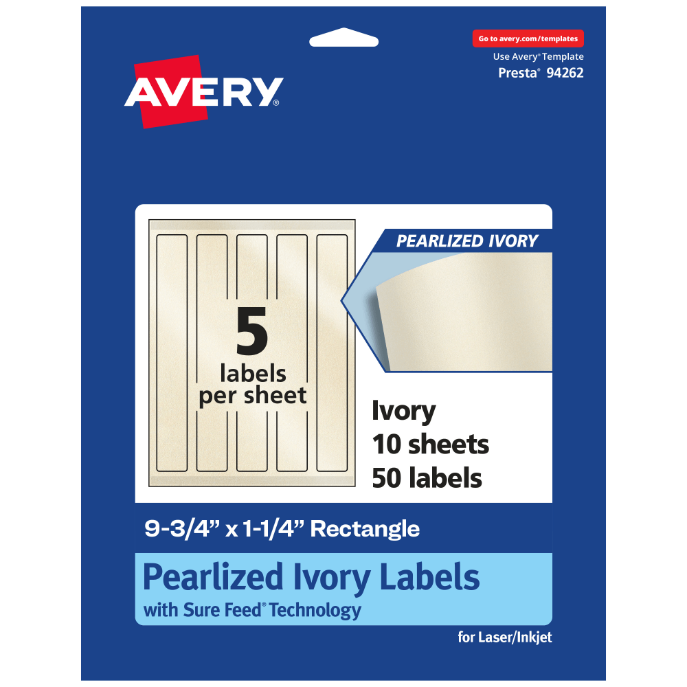 Avery Pearlized Permanent Labels With Sure Feed, 94262-PIP10, Rectangle, 9-3/4in x 1-1/4in, Ivory, Pack Of 50 Labels
