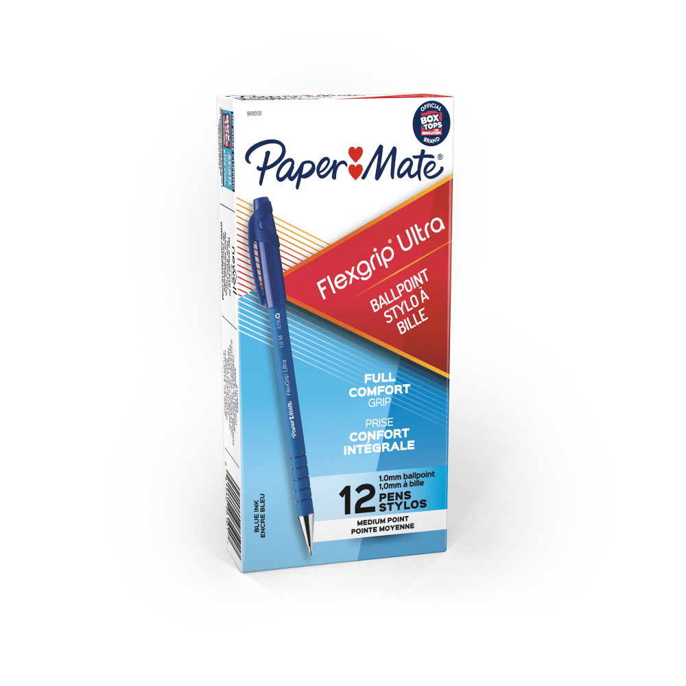 Paper Mate FlexGrip Ultra Ballpoint Pens, Medium Point, 1.0 mm, 42% Recycled, Blue Barrel, Blue Ink, Pack Of 12