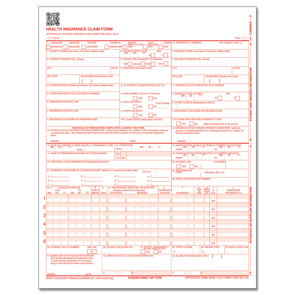 ComplyRight CMS-1500 Health Insurance Claim Form (02/12), Laser-Cut Sheet, 8 1/2in x 11in, White, Case of 250
