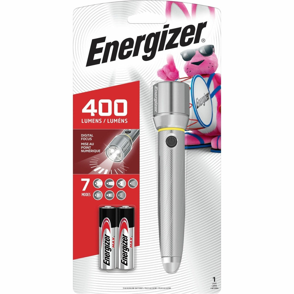 Energizer Vision HD Performance Metal Flashlight with Digital Focus - LED - 400 lm Lumen - 2x AA - Battery - Metal - Water Resistant - Chrome - 1 Each