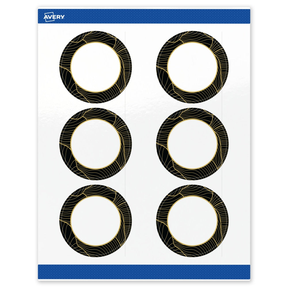 Avery Printable Labels With Sure Feed Technology, S00-ETM, Round, 3in, Glossy White With Preprinted Black/Gold Vein Border, Pack Of 60