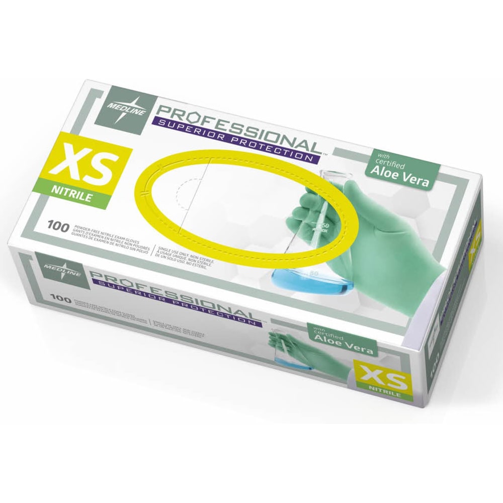 Medline Professional Series Aloetouch Gloves - 5.9 mil Thickness x 9.50in Glove - X-Small Size - Green - Latex-free, Non-sterile, Textured - - 0