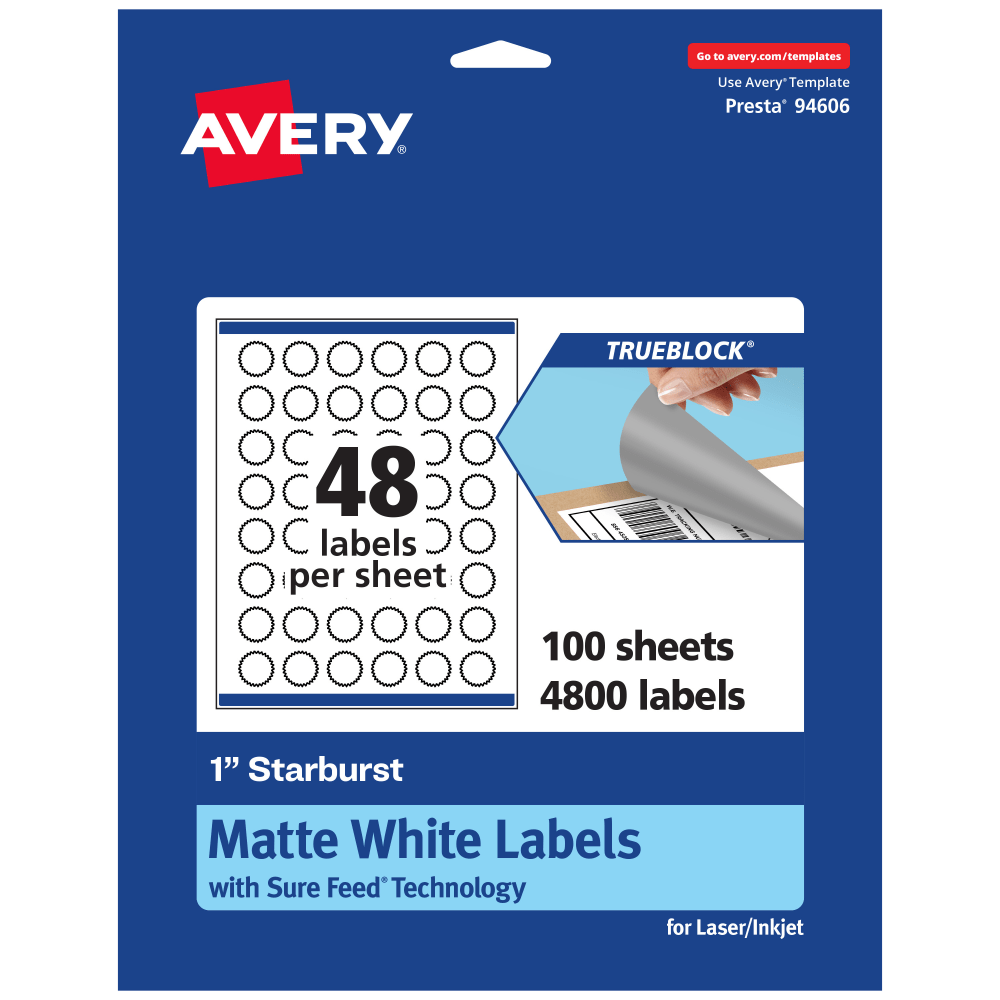 Avery Print-To-The-Edge TrueBlock Labels With Sure Feed, 94606-TWMP100, Starburst, 1in, Matte White, Pack Of 4800
