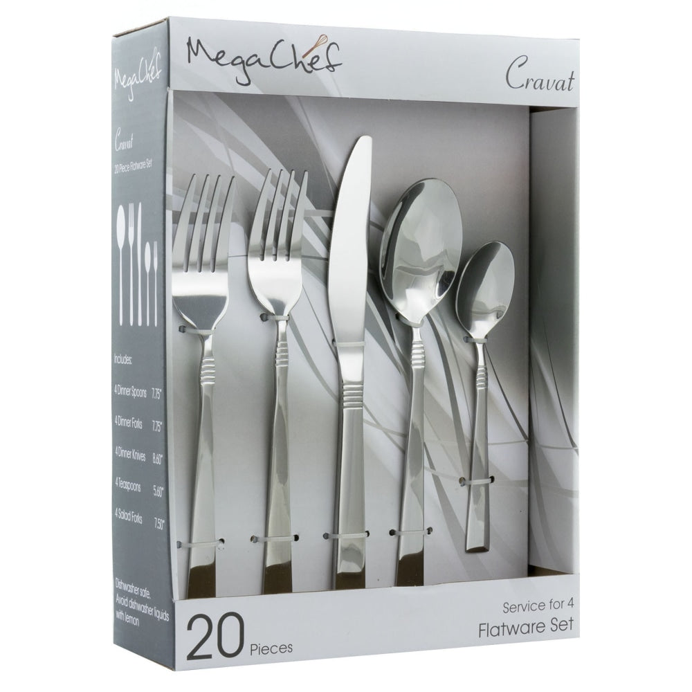 MegaChef Cravat 20-Piece Stainless-Steel Flatware Set, Silver