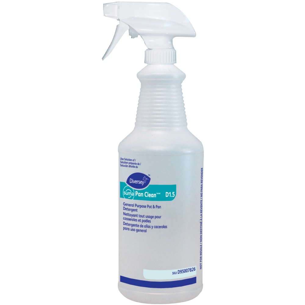 Diversey Screen-Printed Empty Bottles, Suma Pan Clean, 32 Oz, Clear, Pack Of 12 Bottles.