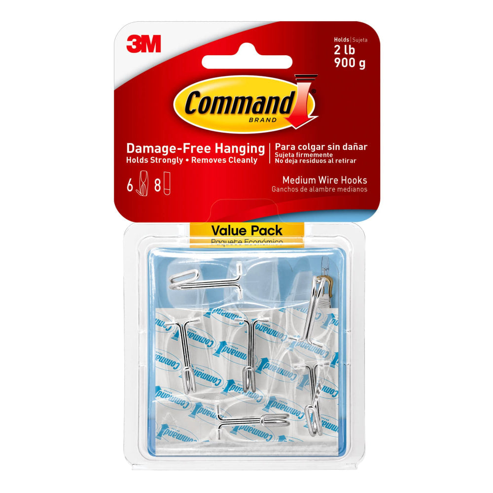 Command Medium Wire Hooks, 6 Hooks, 8 Clear Adhesive Strips, Damage Free Hanging Picture Hangers, No Tools Wall Hanging Strips For Living Spaces