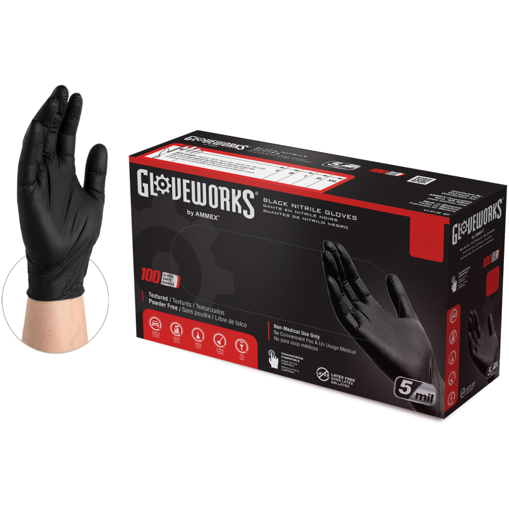 Gloveworks Nitrile Industrial Powder-Free Disposable Gloves, Extra Large, Black, Box Of 100 Gloves