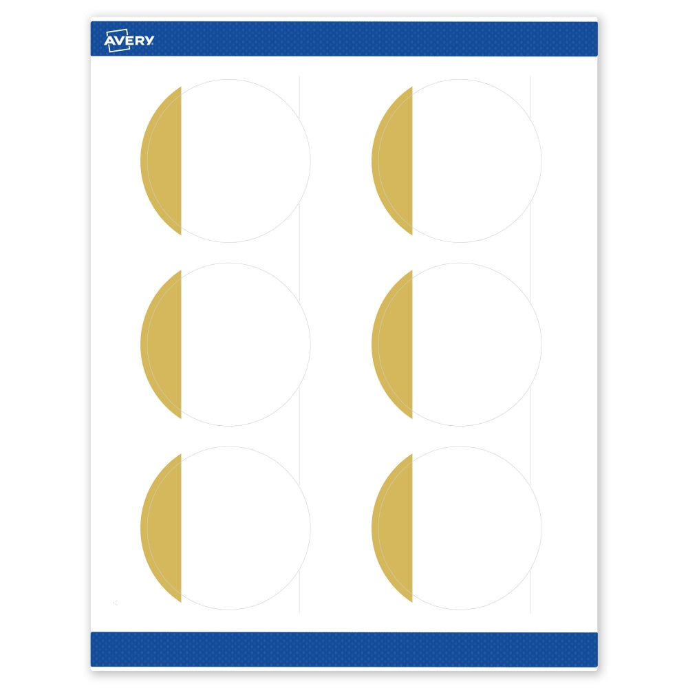 Avery Print-To-The-Edge Labels With Sure Feed Technology, S00-DJN-PRWMP10, Round, 3in, Matte White, Preprinted Dipped Gold Edge Design, Pack Of 60