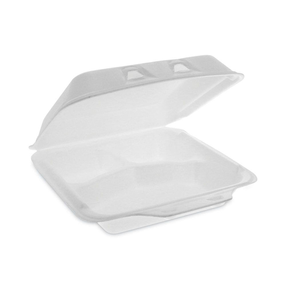 Pactiv Evergreen SmartLock Foam Hinged Lid Containers, Small, 3-Compartment, 2-11/16inH x 7-1/2inW x 8inD, White, Carton Of 150 Containers