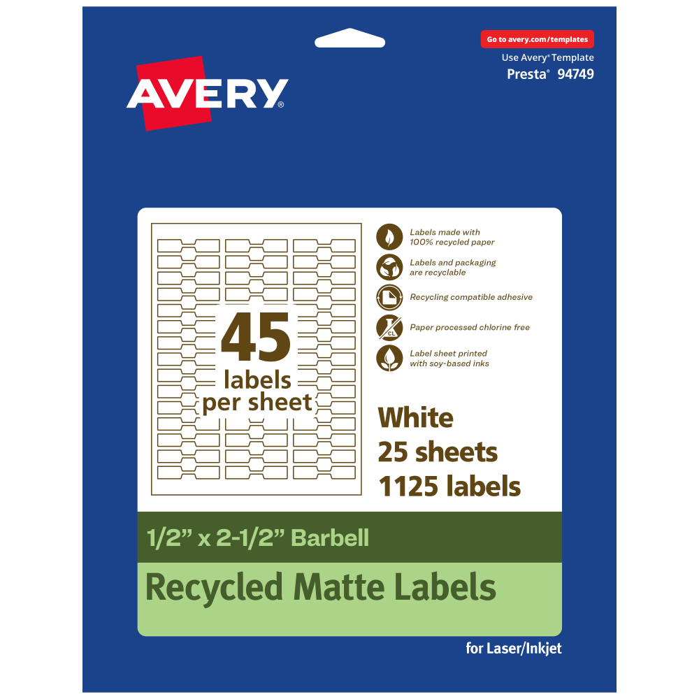 Avery Recycled Paper Labels, 94749-EWMP25, Barbell, 1/2in x 2-1/2in, White, Pack Of 1125