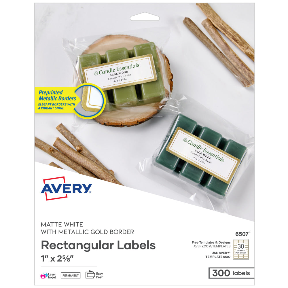 Avery Printable Labels With Metallic Border, Rectangle, 1in x 2-5/8in, Matte White, Pack Of 300