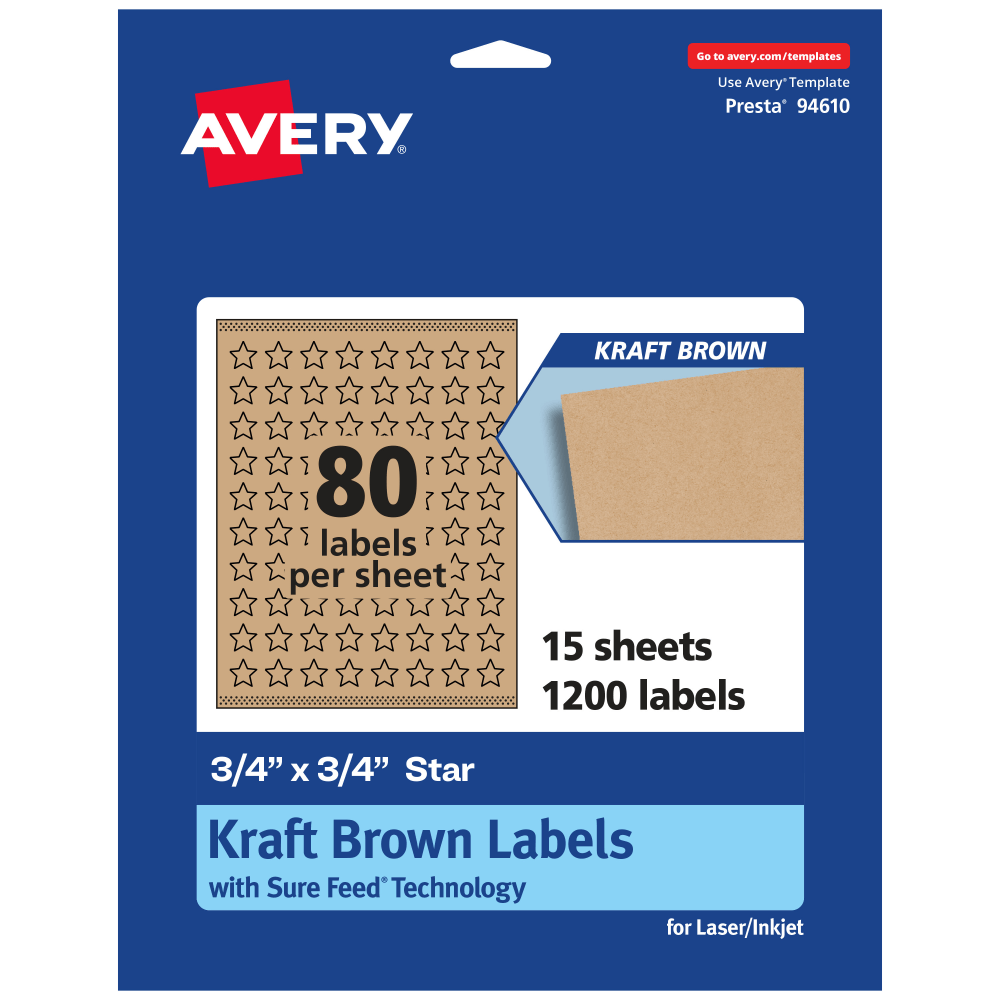 Avery Kraft Permanent Labels With Sure Feed, 94610-KMP15, Star, 3/4in x 3/4in, Brown, Pack Of 1,200
