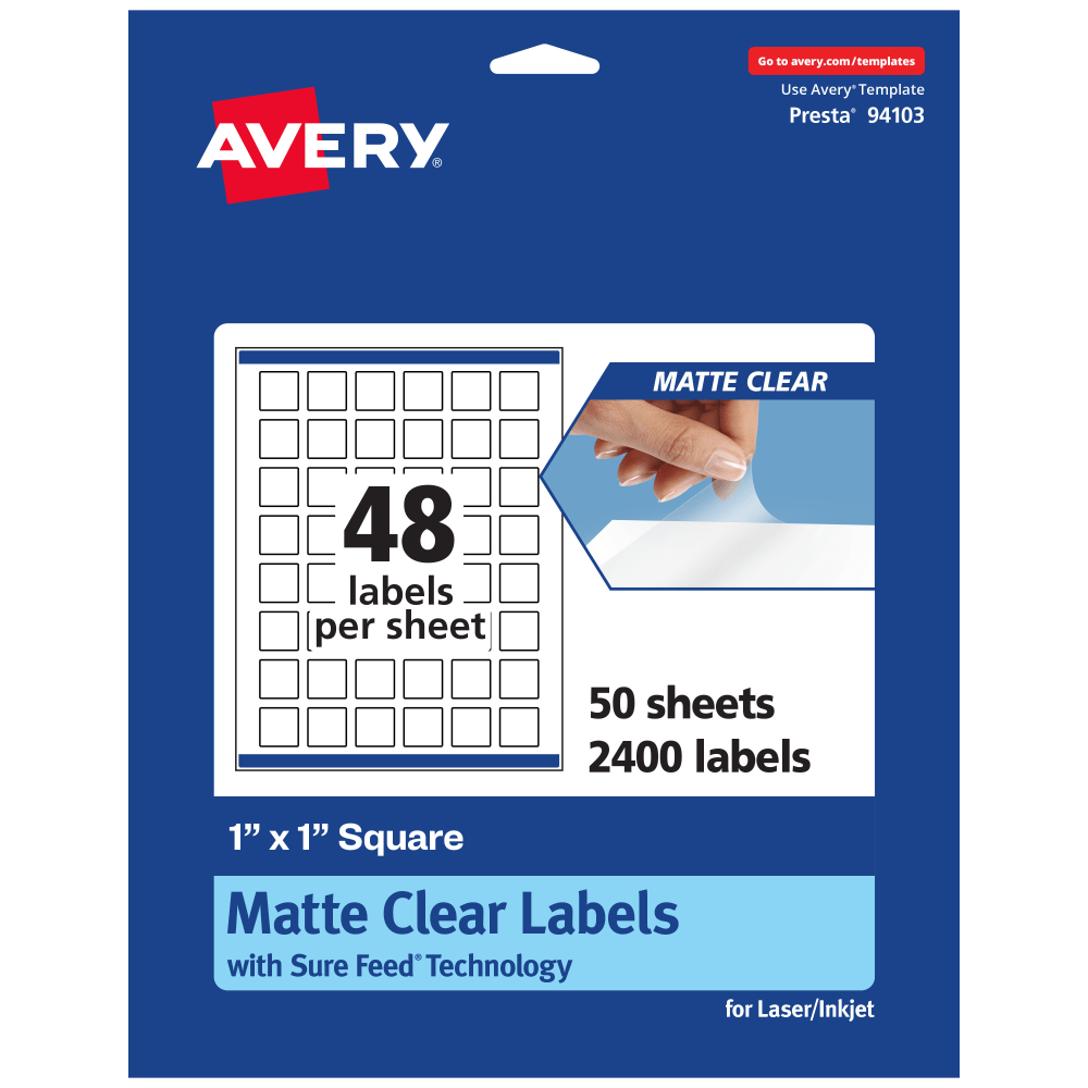 Avery Permanent Labels With Sure Feed, 94103-CMF50, Square, 1in x 1in, Matte Clear, Pack Of 2,400