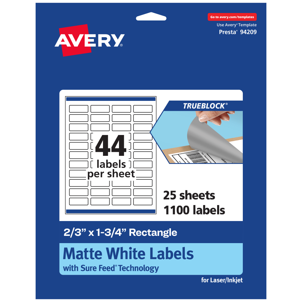 Avery Print-To-The-Edge TrueBlock Labels With Sure Feed, 94209-TWMP25, Rectangle, 2/3in x 1-3/4in, Matte White, Pack Of 1100