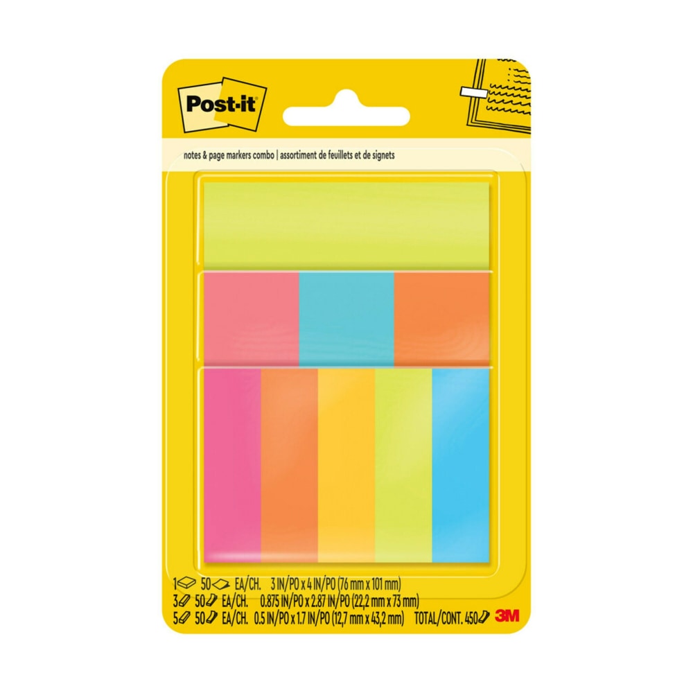 Post-it Combo Pack, 1 Pad 3inx4in, 3 Pads 1inx3in, 50 Notes/Pad, 0.5in x 2in, Pack Of 9 Pads
