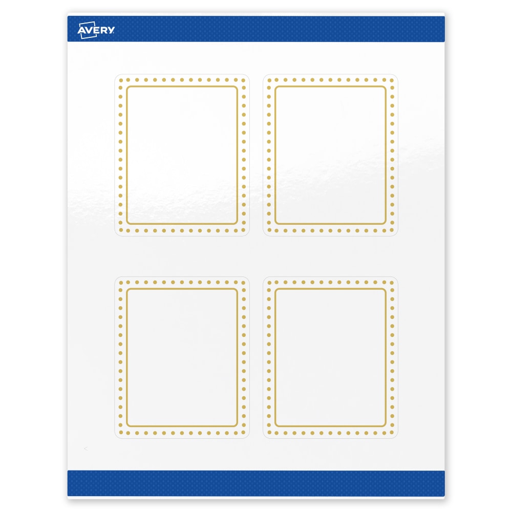 Avery Print-To-The-Edge Labels & Sure Feed, S00-DHW-PRWGP10, 4in x 3-1/3in, Glossy White, Preprinted Gold Border & Gold Dots Design, Pack Of 40